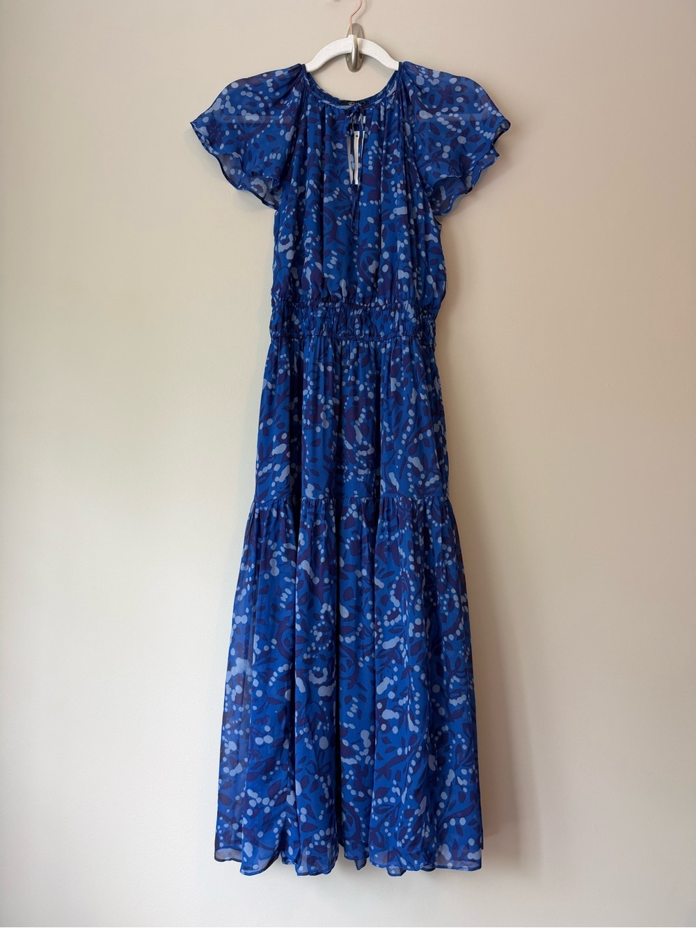 Rails NWT Blue Abstract Print Tiered Maxi Dress Size S Flutter Sleeve